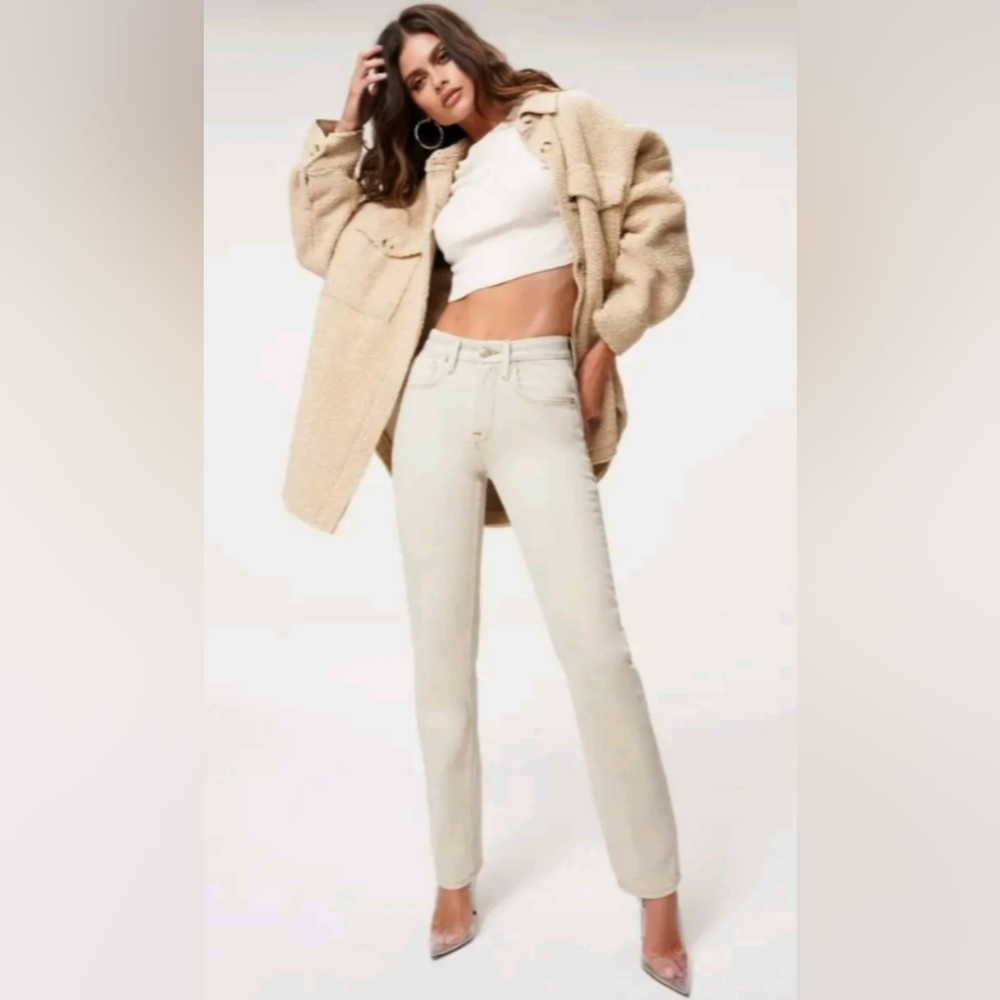 Good American Cream Straight Leg Jeans